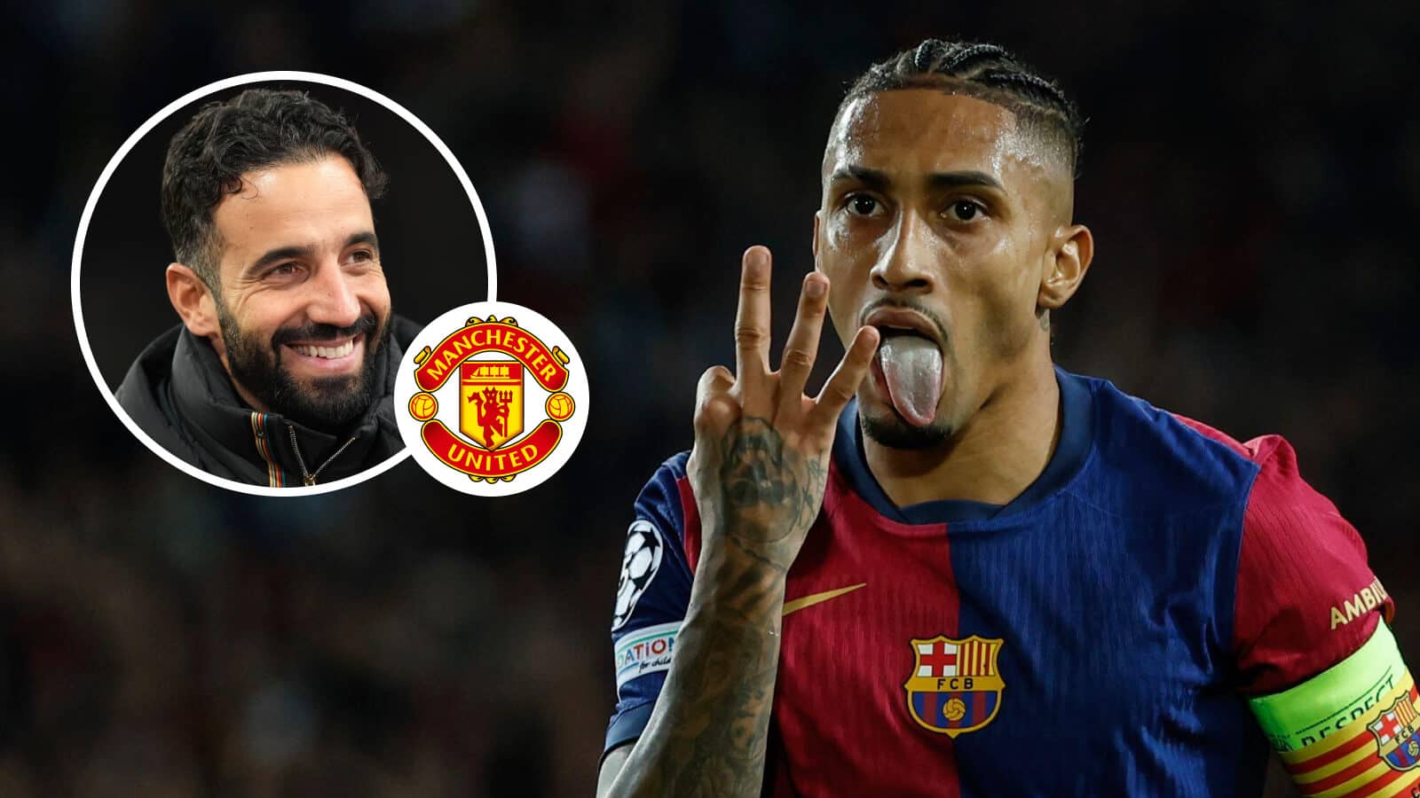 Barcelona winger Raphinha and Manchester United head coach Ruben Amorim with the Man Utd badge between them - copyright TEAMtalk