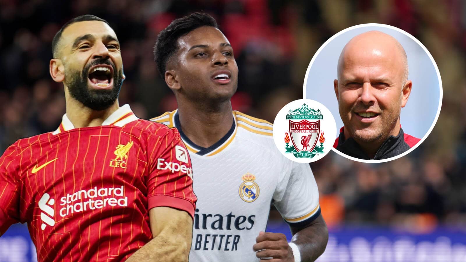 Mo Salah, Rodrygo and Arne Slot and the Liverpool badge - copyright TEAMtalk