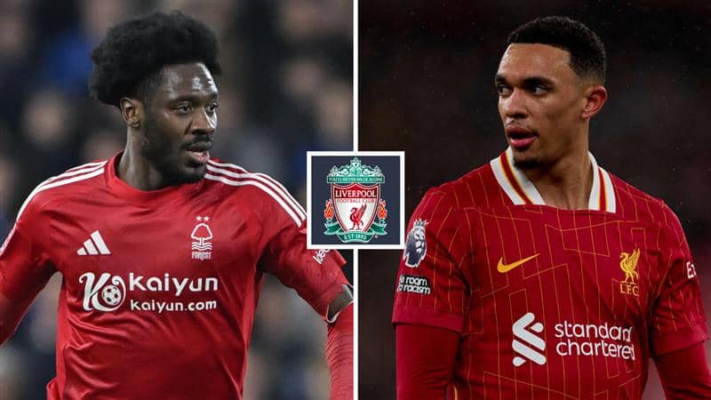 Split image of Ola Aina and Trent Alexander-Arnold with the Liverpool badge between them - copyright TEAMtalk