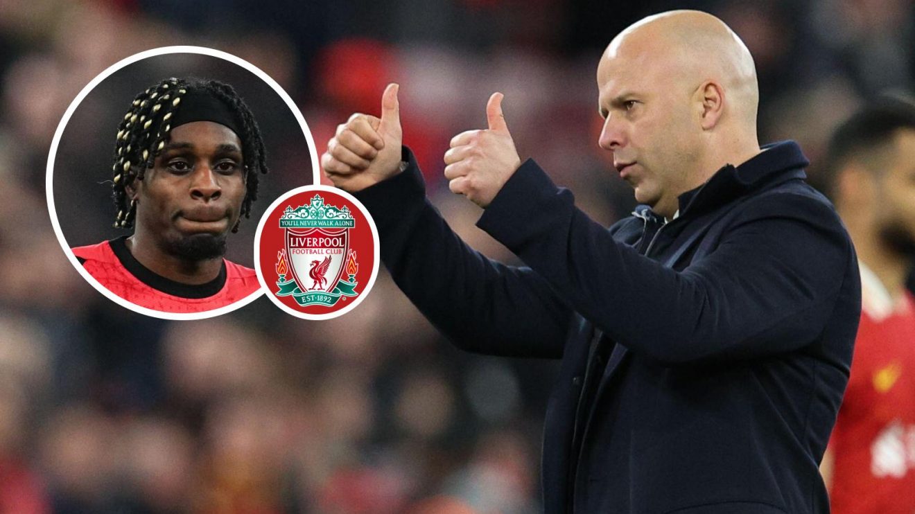 Bayer Leverkusen star Jeremie Frimpong, Liverpool badge and Liverpool manager Arne Slot - copyright TEAMtalk