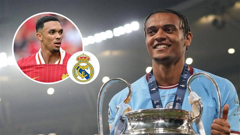 Trent Alexander-Arnold and Manuel Akanji with the Real Madrid badge between them - copyright TEAMtalk
