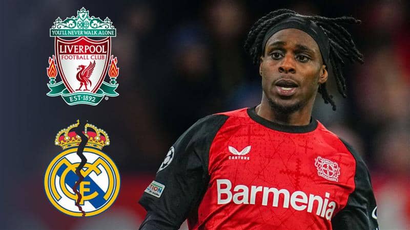 Bayer Leverkusen right-back Jeremie Frimpong next to the Liverpool and Real Madrid badges with the Real Madrid badge broken - copyright TEAMtalk