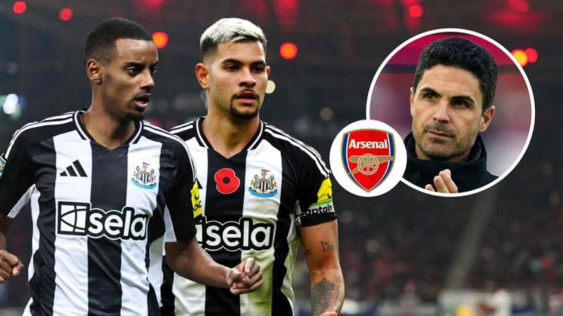 Newcastle United duo Alexander Isak and Bruno Guimaraes and Mikel Arteta with the Arsenal badge between them – copyright TEAMtalk