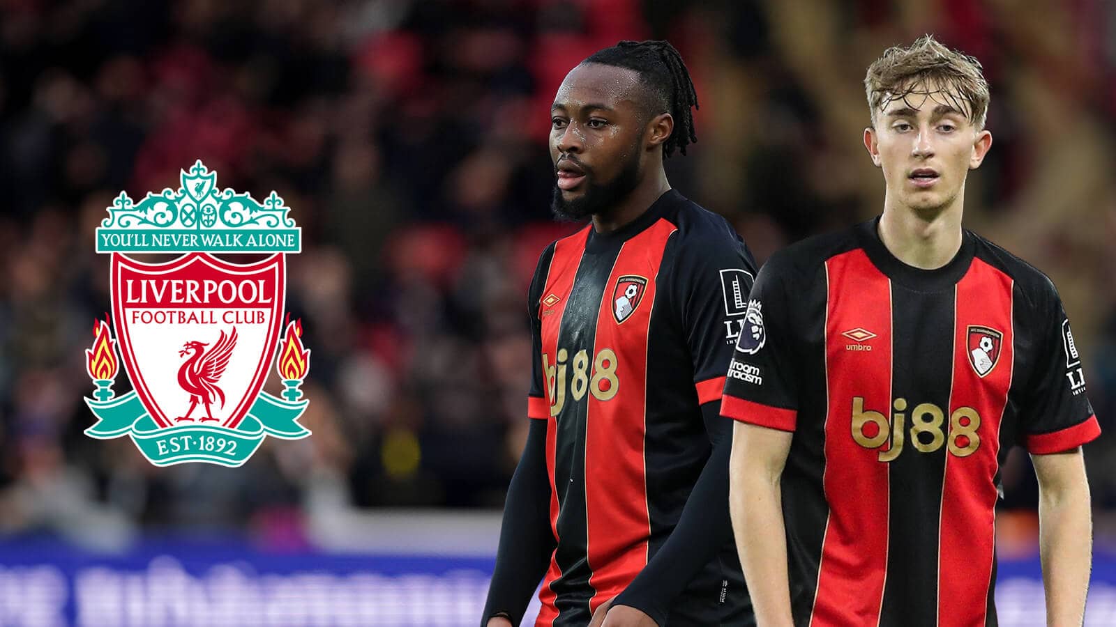 Bournemouth's Antoine Semenyo and Dean Huijsen next to the Liverpool badge - image copyright of TEAMtalk