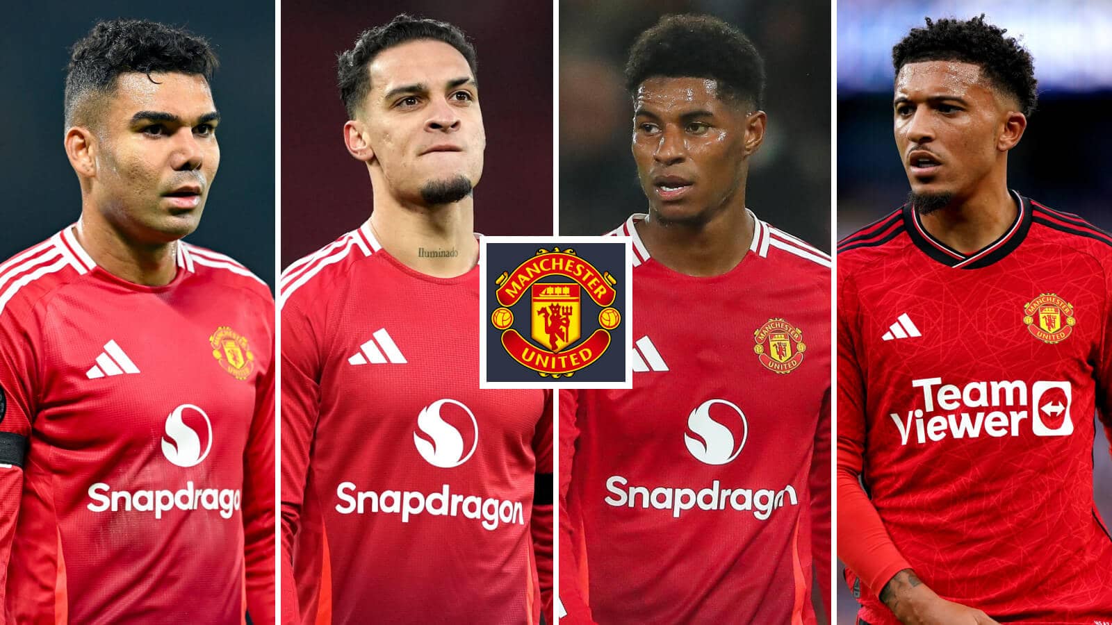 Casemiro, Antony, Marcus Rashford and Jadon Sancho next to the manchester United club crest