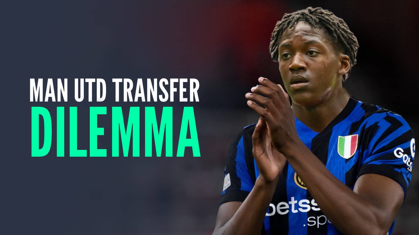 Man Utd midfielder Kobbie Mainoo with an Inter Milan shirt Photoshopped over him and the words 'Man Utd transfer dilemma'