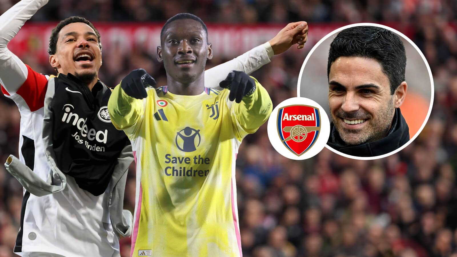 Randal Kolo Muani and Hugo Ekitike next to the Arsenal badge and Mikel Arteta - copyright TEAMtalk