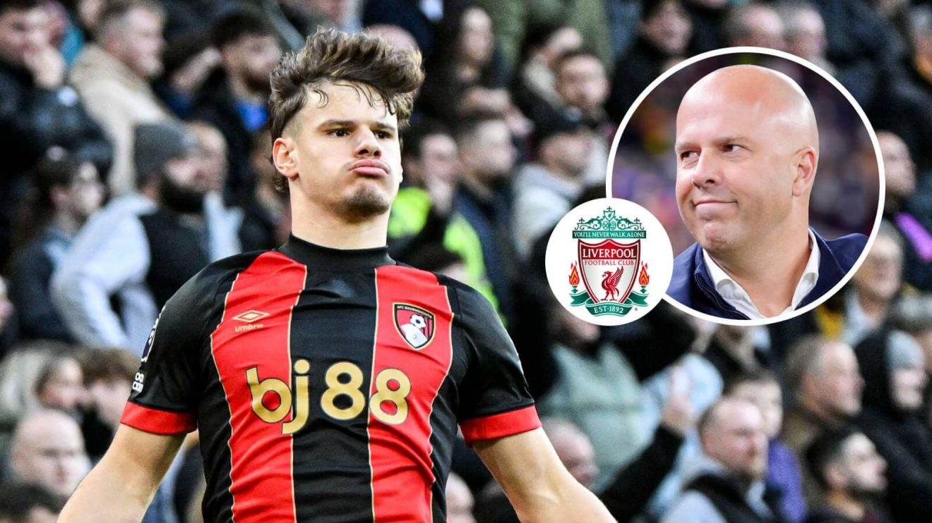 Bournemouth left-back Milos Kerkez next to the Liverpool badge and Arne Slot - copyright TEAMtalk