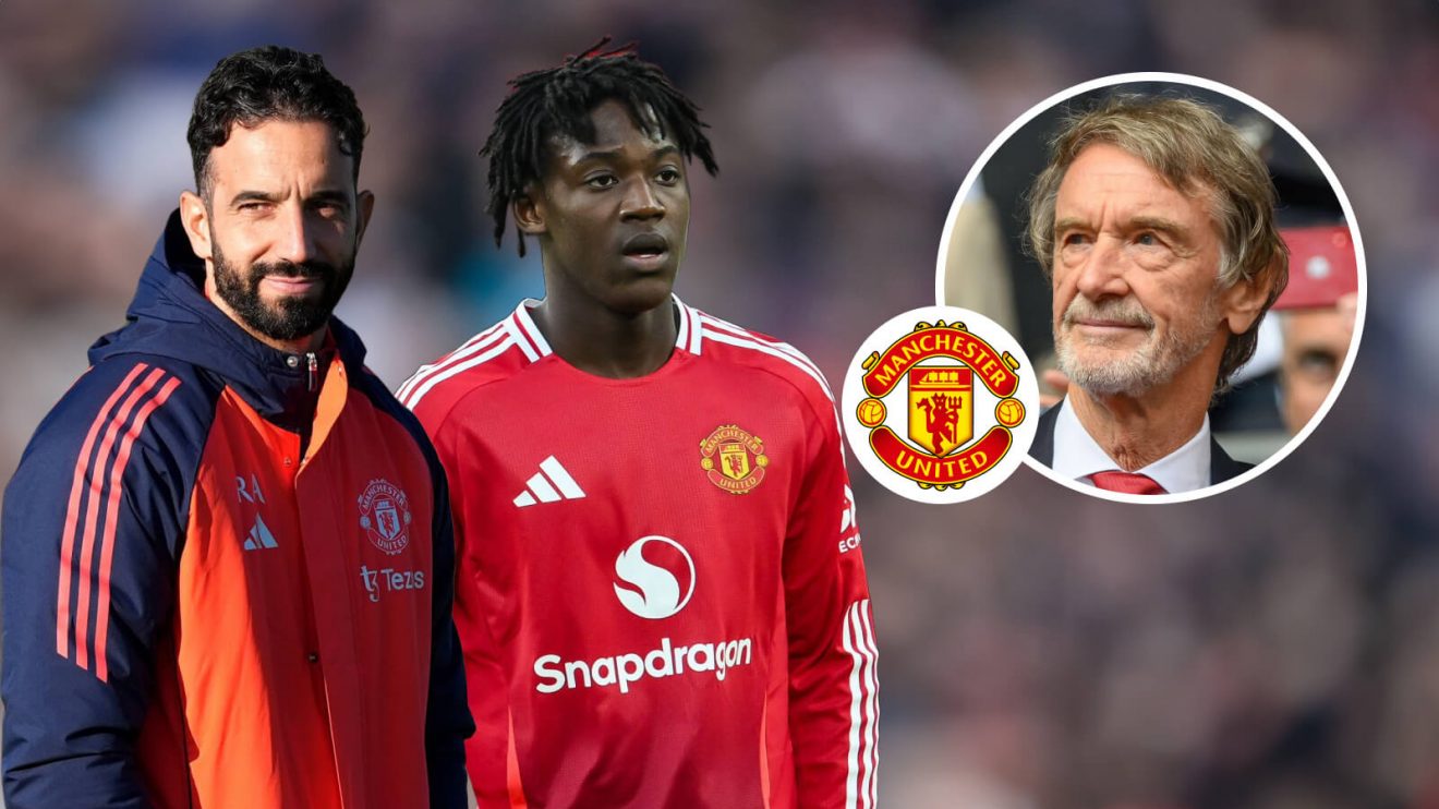 Kobbie Mainoo and Ruben Amorim next to the Manchester United badge and Sir Jim Ratcliffe – copyright TEAMtalk