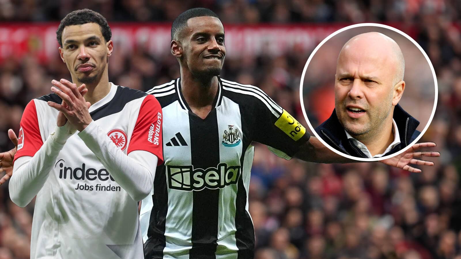 Eintracht Frankfurt striker Hugo Ekitike and Alexander Isak of Newcastle, together with, inset, Liverpool manager Arne Slot