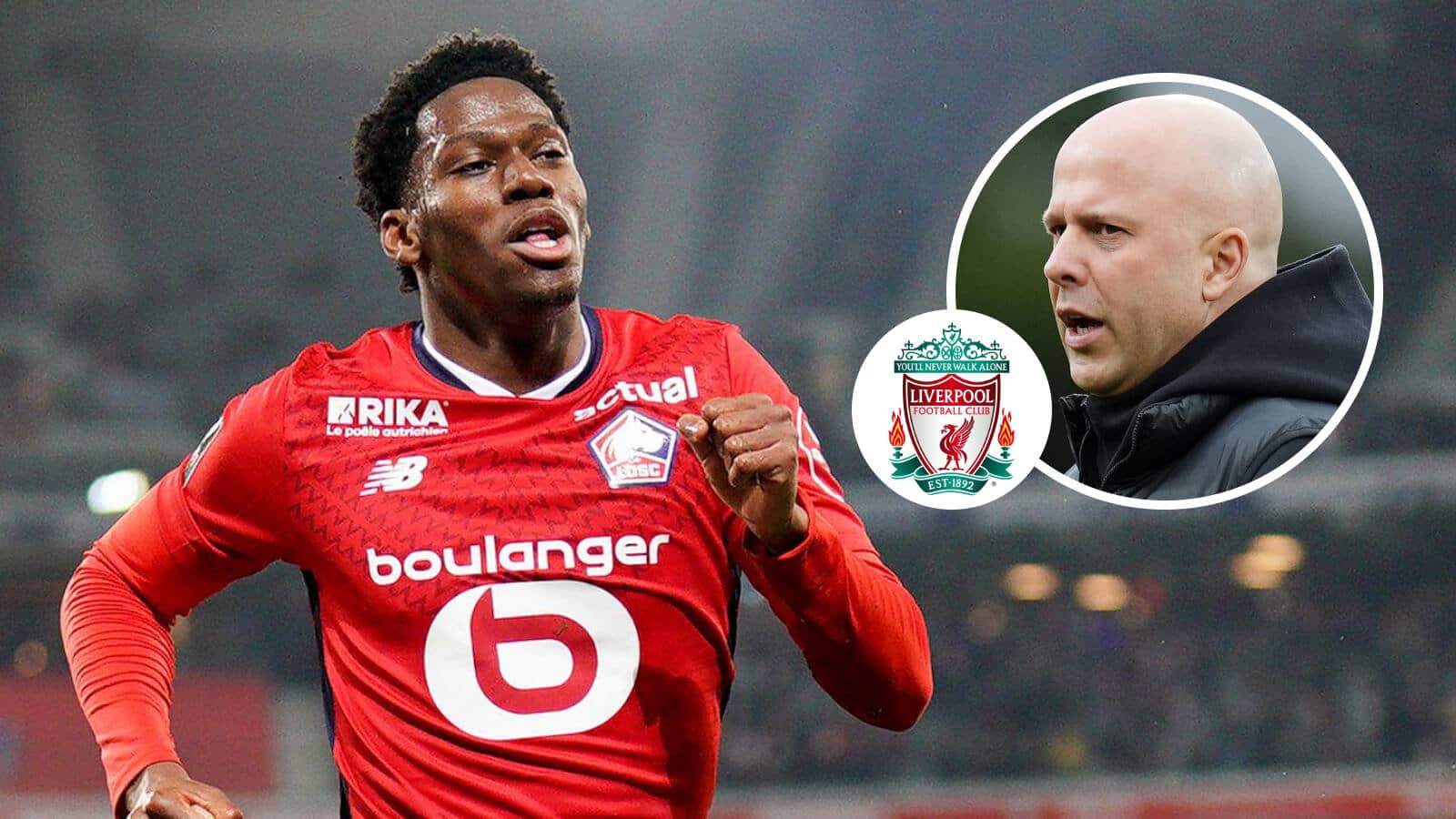 Jonathan David and Arne Slot with the Liverpool badge between them - copyright TEAMtalk
