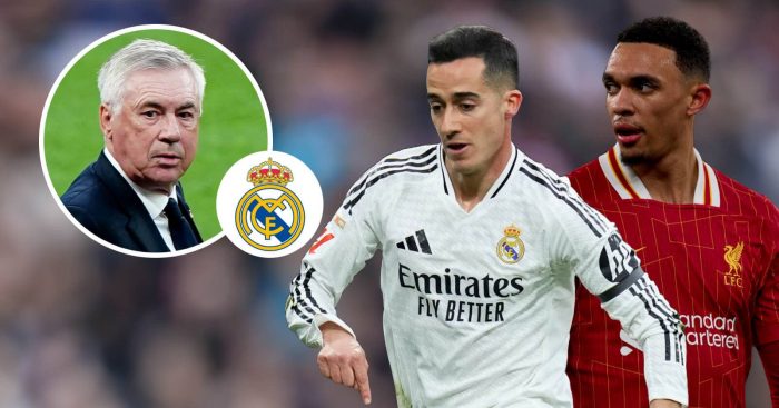 Carlo Ancelotti next to the Real Madrid badge and Lucas Vazquez and Trent Alexander-Arnold - copyright TEAMtalk