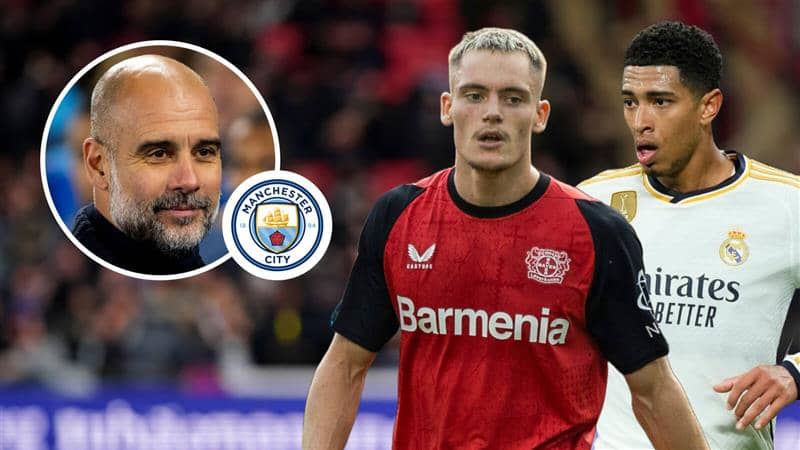 Pep Guardiola, Manchester City badge, Florian Wirtz and Jude Bellingham - copyright TEAMtalk