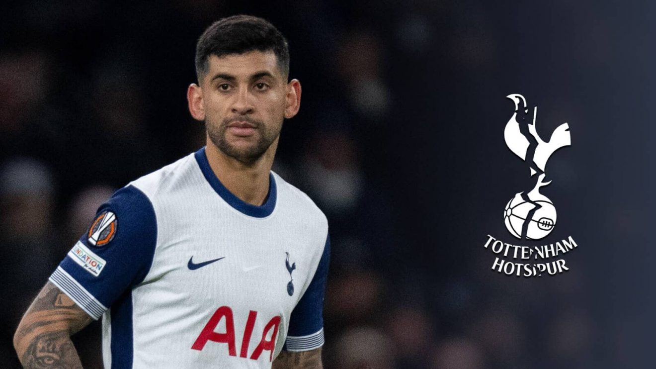 Cristian Romero pictured alongside a torn in half Tottenham badge