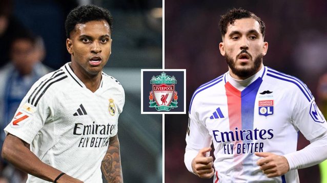 Real Madrid star Rodrygo and Lyon winger Rayan Cherki pictured next to a Liverpool badge