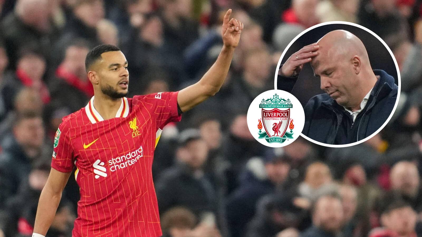 Cody Gakpo and Arne SLot with the Liverpool badge betweem them - copyright TEAMtalk