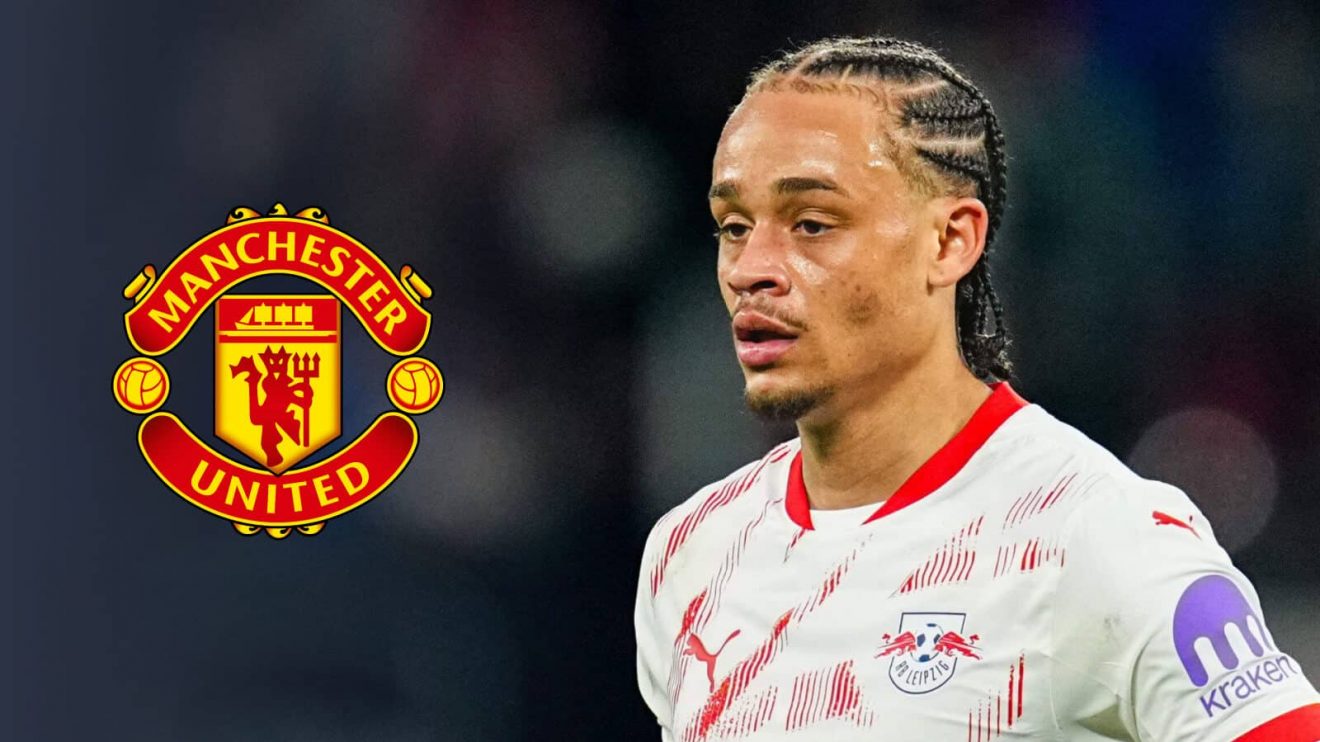 RB Leipzig star Xavi Simons alongside a Manchester United badge