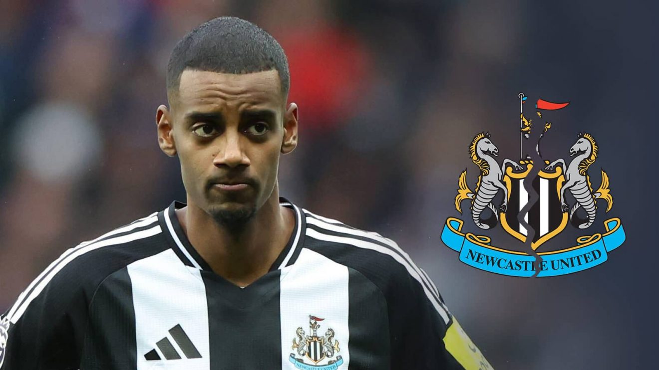 Alexander Isak pictured next to a Newcastle badge torn in half