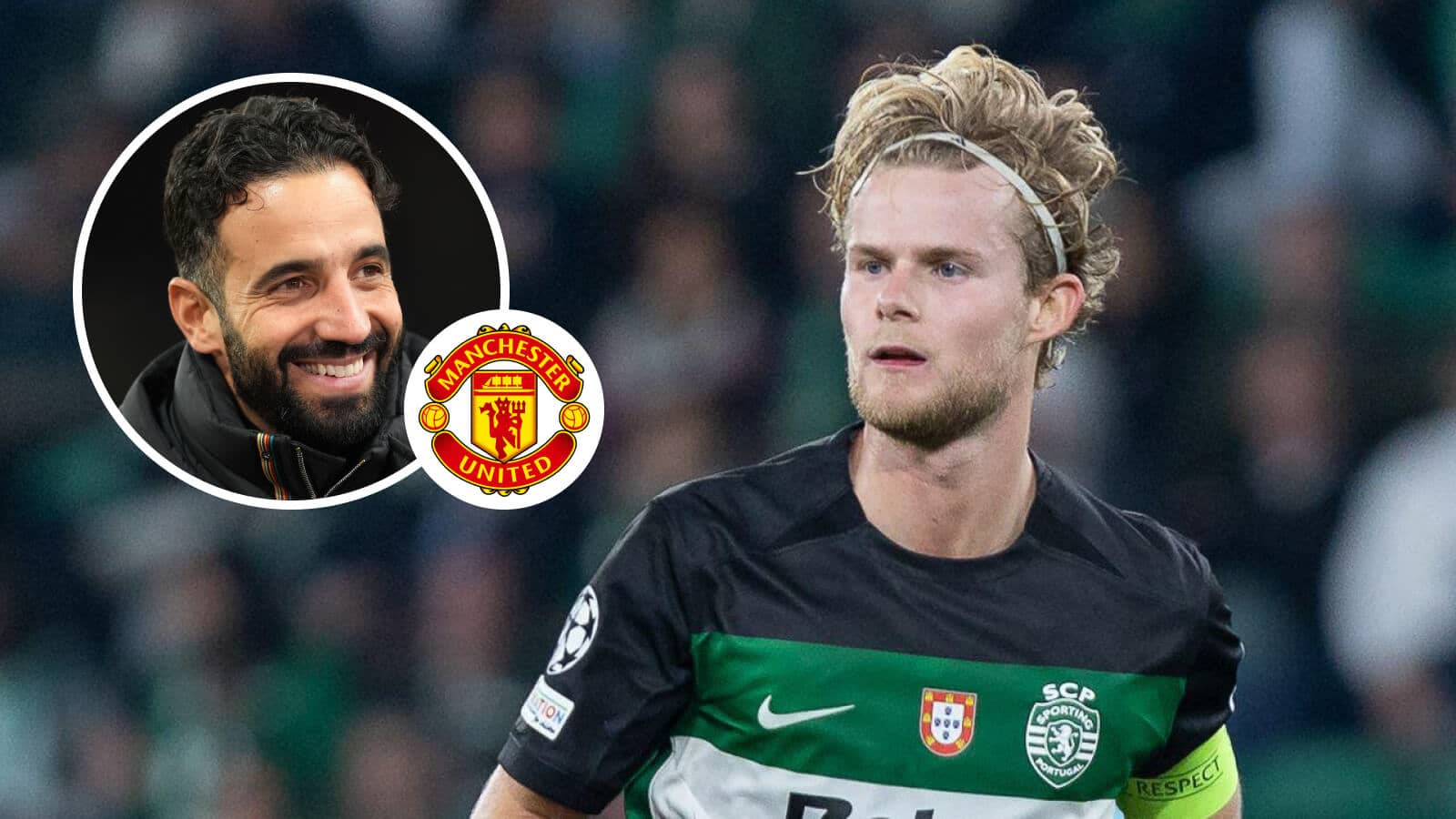 Sporting CP midfielder Morten Hjulmand alongside a smiling Ruben Amorim and a Manchester United badge