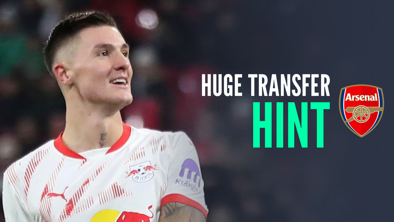 RB Leipzig striker Benjamin Sesko alongside an Arsenal badge and caption: 'Huge transfer hint'