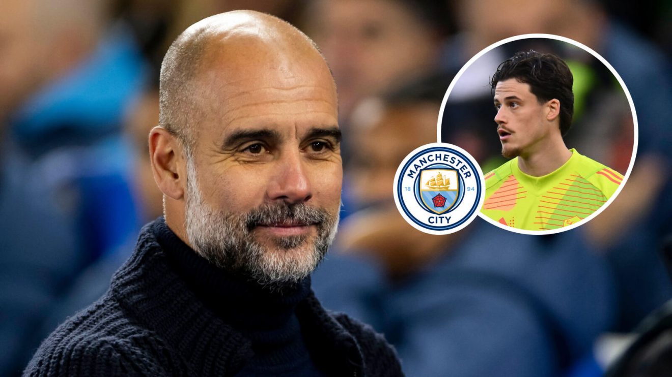 Roma goalkeeper Mile Svilar pictured alongside Pep Guardiola and a Manchester City badge