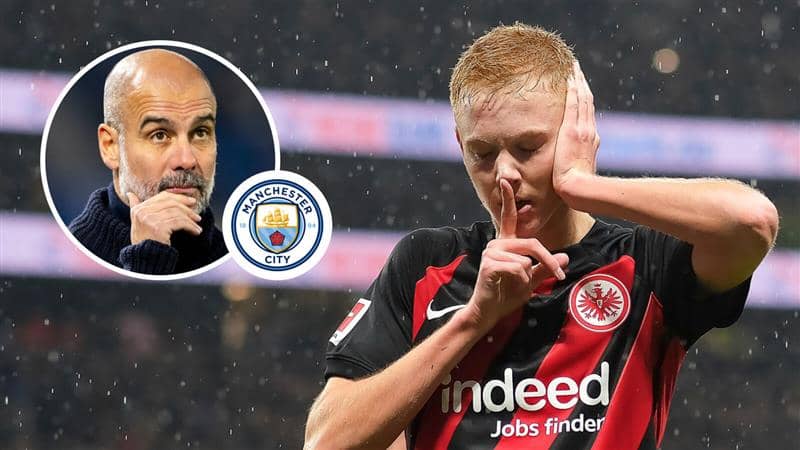 Pep Guardiola next to the Manchester City badge and Hugo Larsson - copyright TEAMtalk