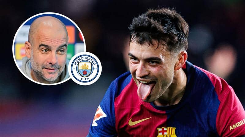 Manchester City manager Pep Guardiola and Barcelona midfielder Pedri with the Man City badge between them - copyrght TEAMtalk