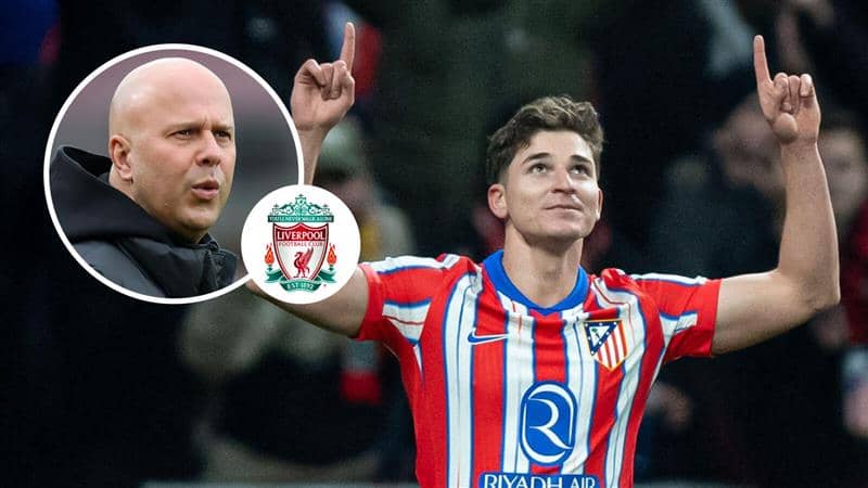 Liverpool manager Arne Slot and Atletico Madrid striker Julian Alvarez with the Liverpool badge between them - copyright TEAMtalk