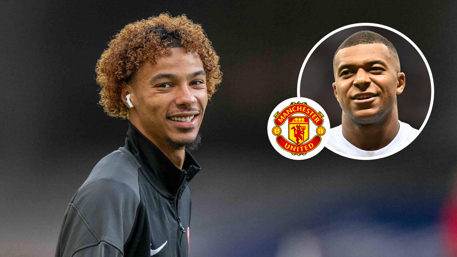 Hugo Ekitike and Kylian Mbappe with Man Utd badge