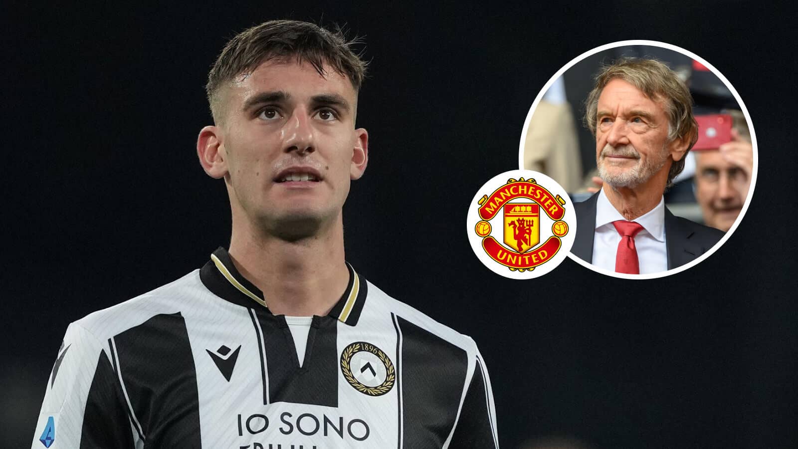 Udinese's Lorenzo Lucca is a target for Manchester United co-owner Sir Jim Ratcliffe, inset