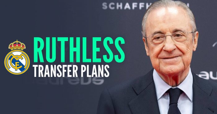 Real Madrid president Florentino Perez next to the Real Madrid club crest and the words 'ruthless transfer plans'