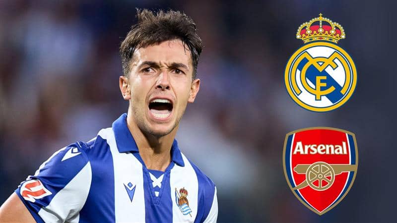 Real Sociedad midfielder Martin Zubimendi next to the Real Madrid and Arsenal badges - copyright TEAMtalk