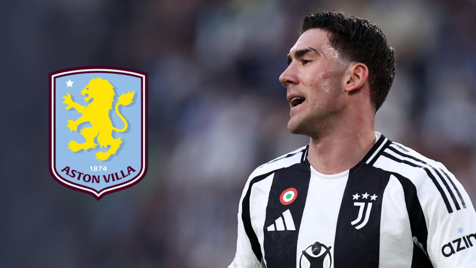 Juventus striker Dusan Vlahovic with an Aston Villa badge