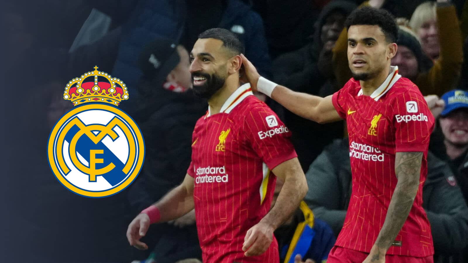 Liverpool forward Mohamed Salah and Luis Diaz next to the Real Madrid badge - copyright TEAMtalk