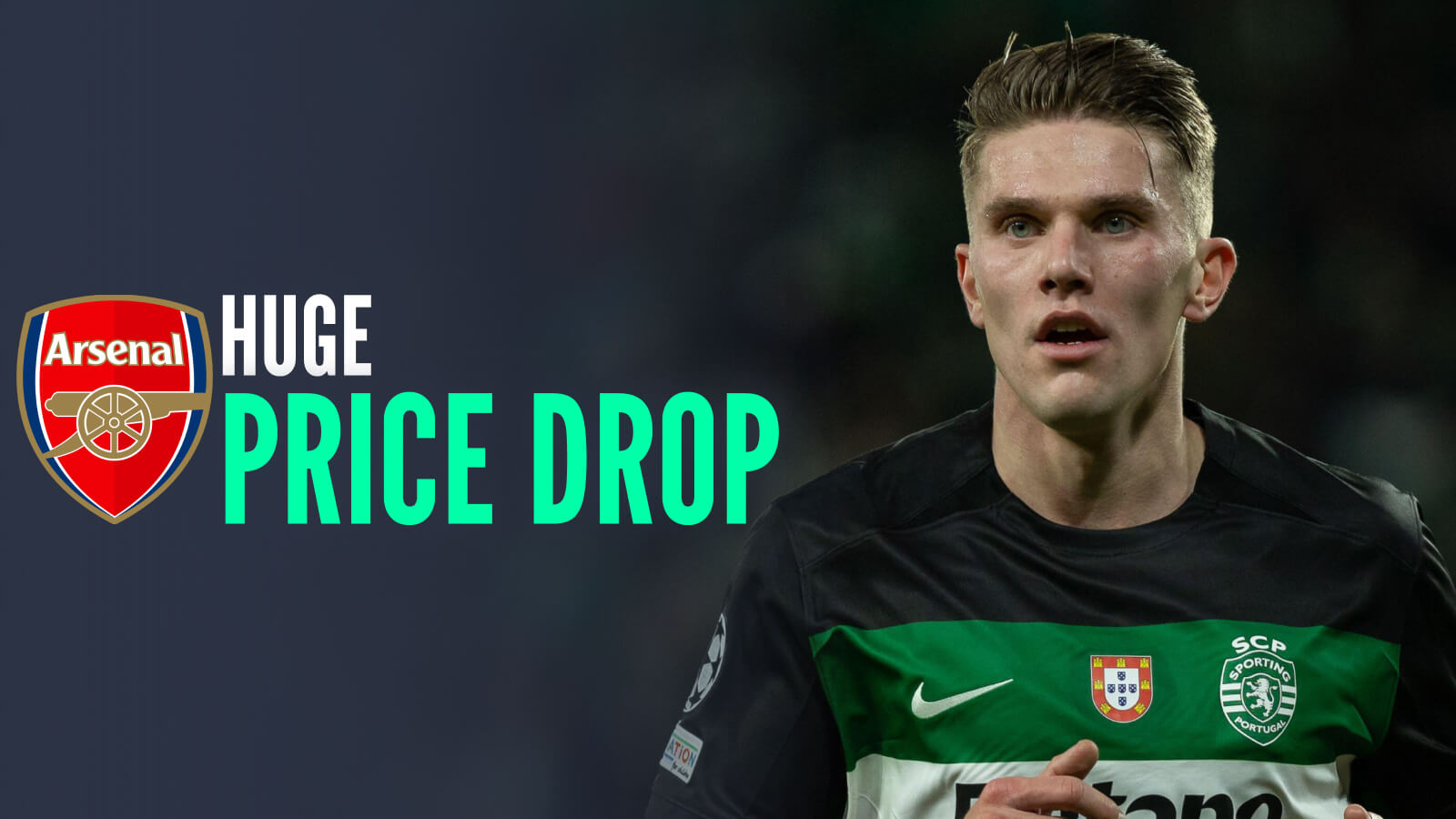 Viktor Gyokeres alongside an Arsenal badge and caption: Huge price drop