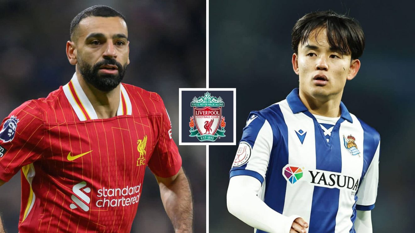 Liverpool star Mo Salah pictured alongside Real Sociedad winger Takefusa Kubo