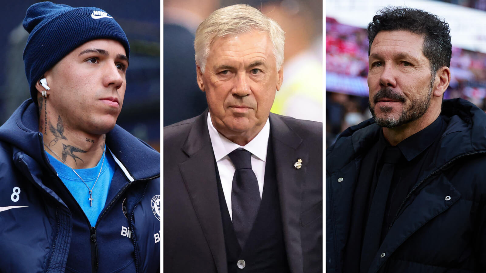 Enzo Fernandez, Carlo Ancelotti and Diego Simeone