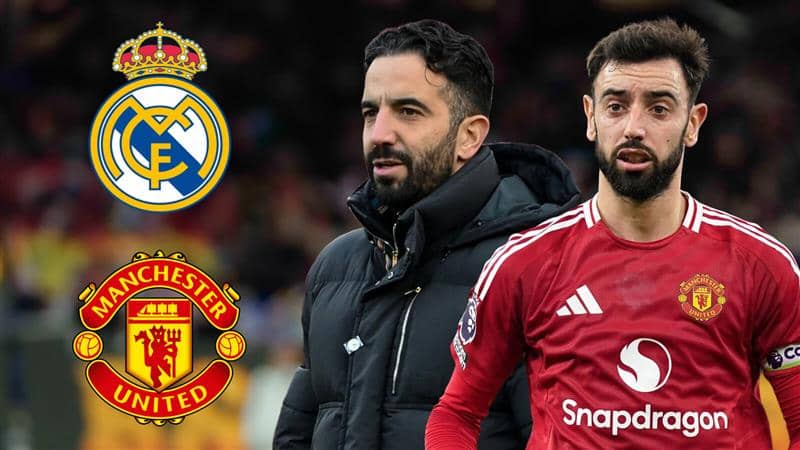 Ruben Amorim and Bruno Fernandes next to the Real Madrid and Manchester United badges - copyright TEAMtalk