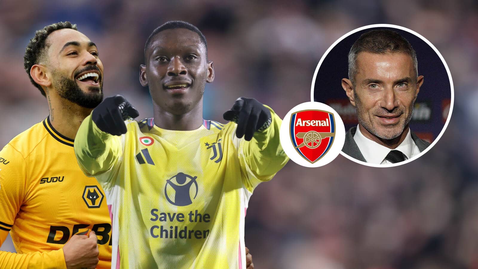 Randal Kolo Muani, Matheus Cunha, Arsenal badge and Andrea Berta - copyright TEAMtalk