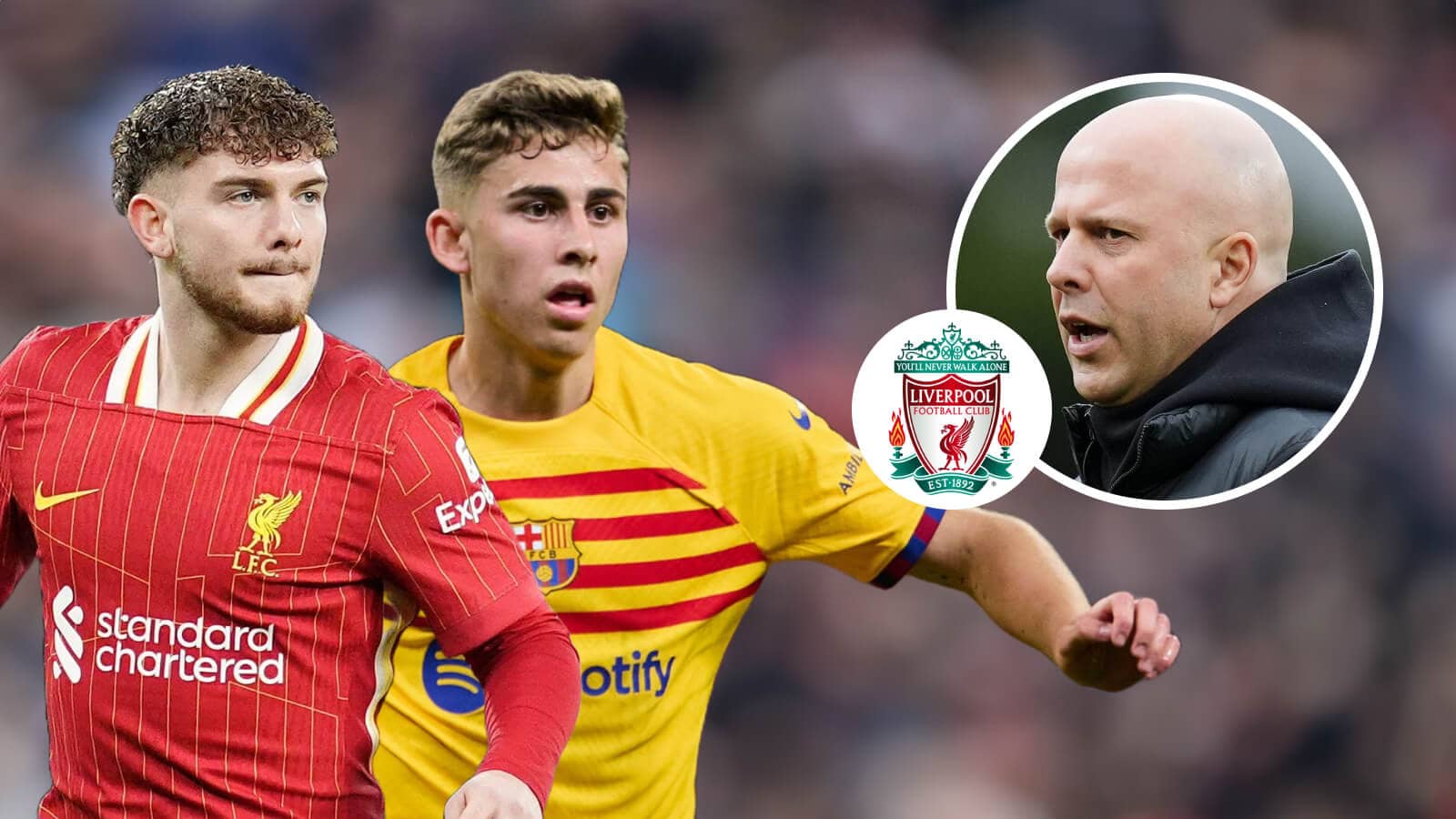 Harvey Elliott, Fermin Lopez, Liverpool badge and Arne Slot - copyright TEAMtalk