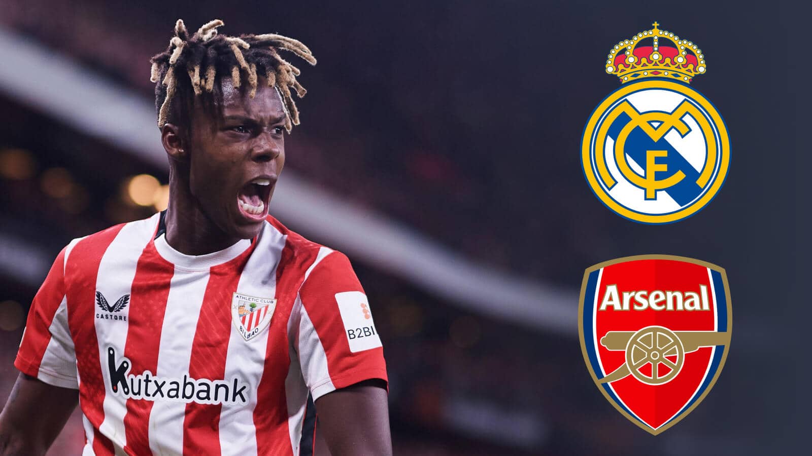 Nico Williams next to the Real Madrid and Arsenal badges - copyright TEAMtalk