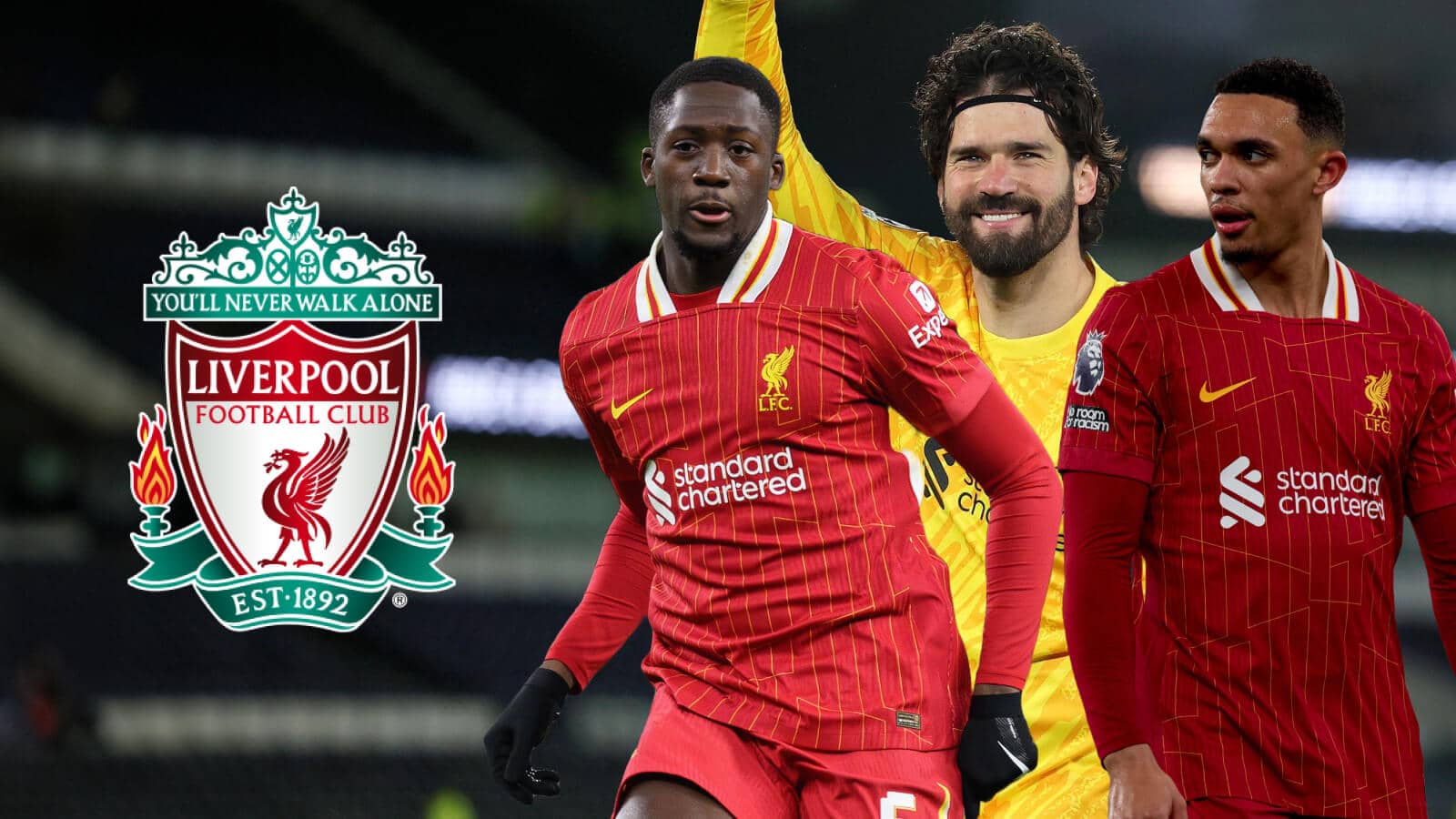 Ibrahima Konate, Alisson and Trent Alexander-Arnold next to the Liverpool badge