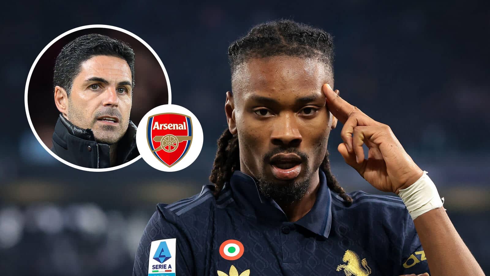 Arsenal manager Mikel Arteta and Juventus midfielder Khephren Thuram with the Arsenal badge between them - copyright TEAMtalk