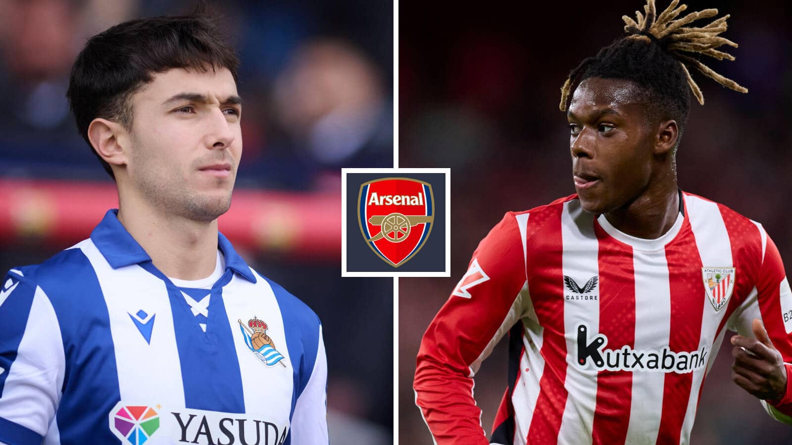 Real Sociedad's Martin Zubimendi and Nico Williams of Athletic Bilbao either side of the Arsenal club crest