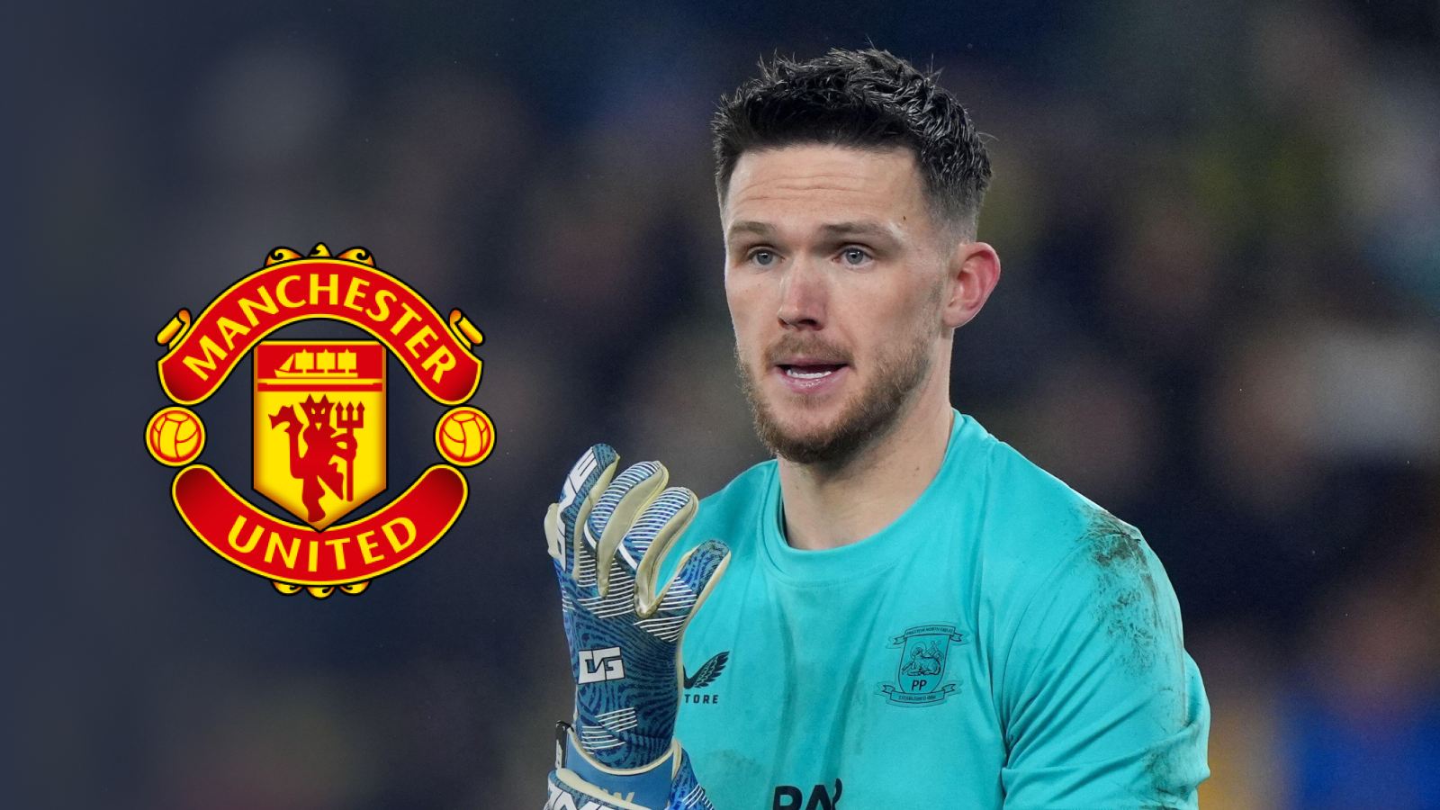 Preston North End goalkeeper Freddie Woodman alongside a Manchester United badge