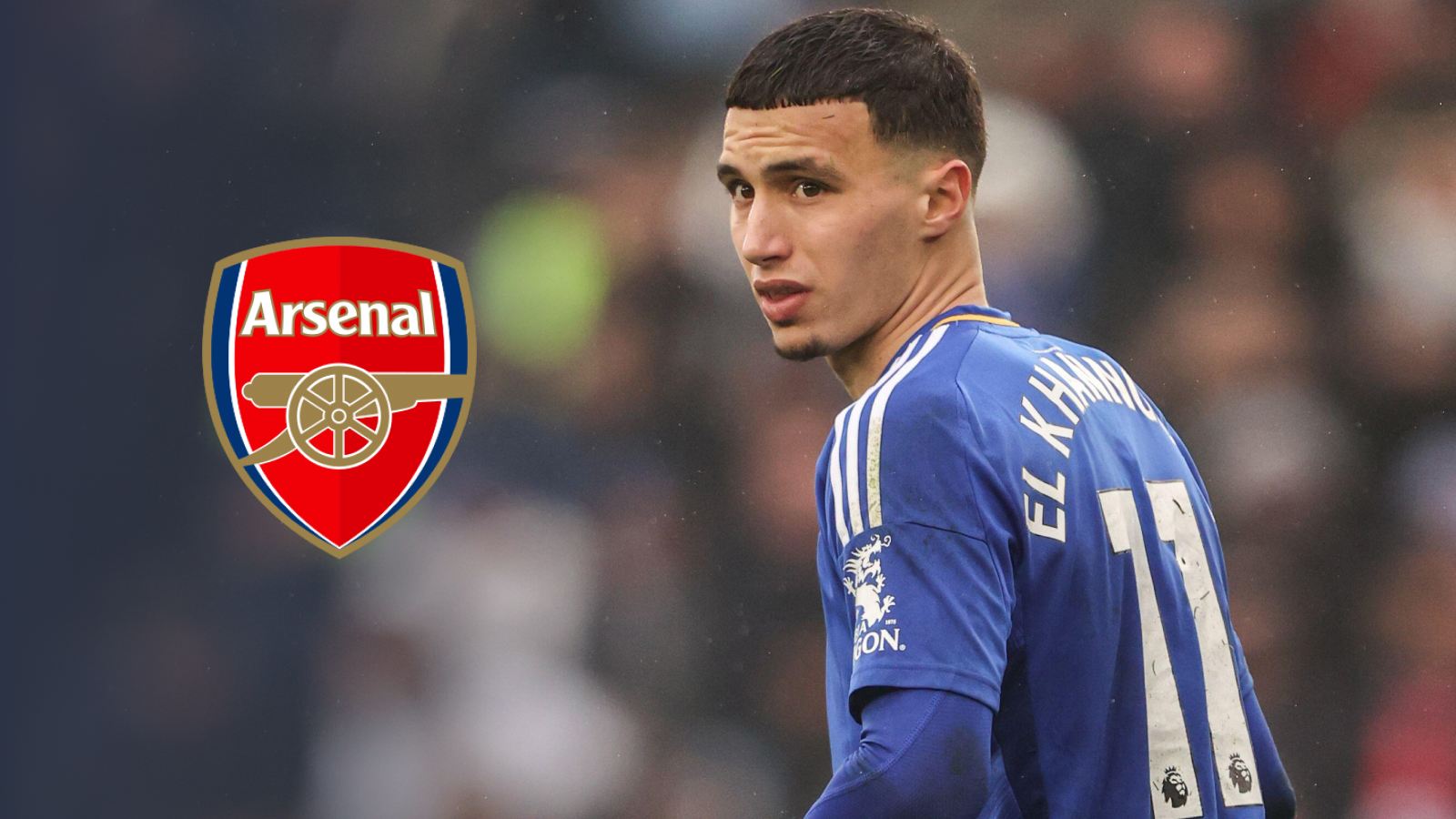 Leicester star Bilal El Khannouss alongside an Arsenal badge