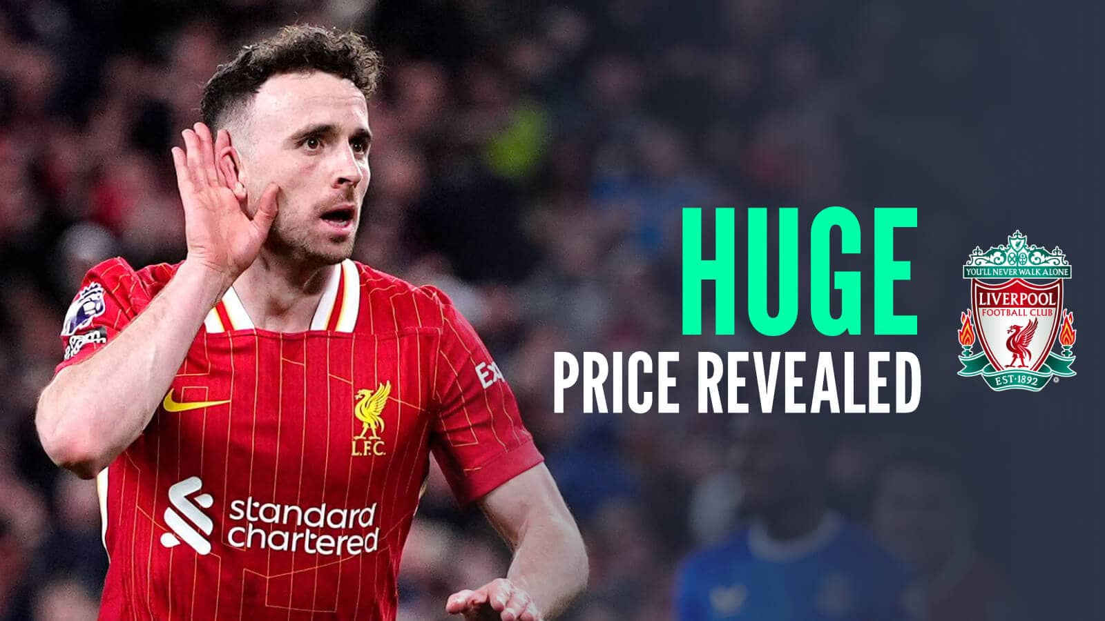 Diogo Jota next to the Liverpool badge and the words 'huge price revealed'