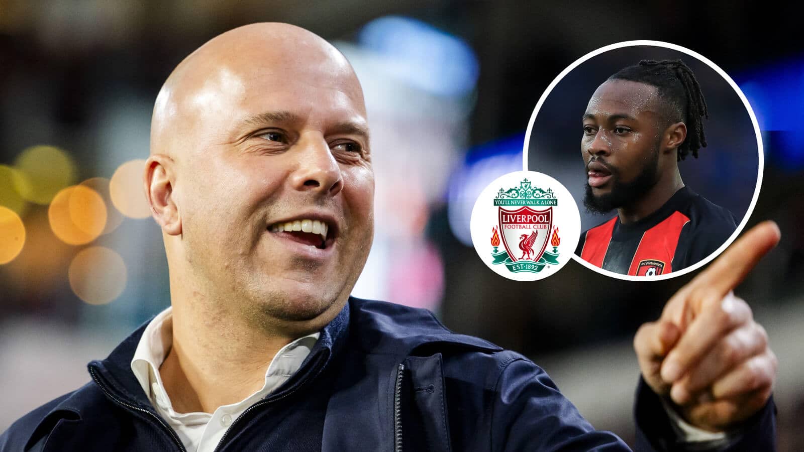 Liverpool manager Arne Slot and Bournemouth star Antoine Semenyo, inset