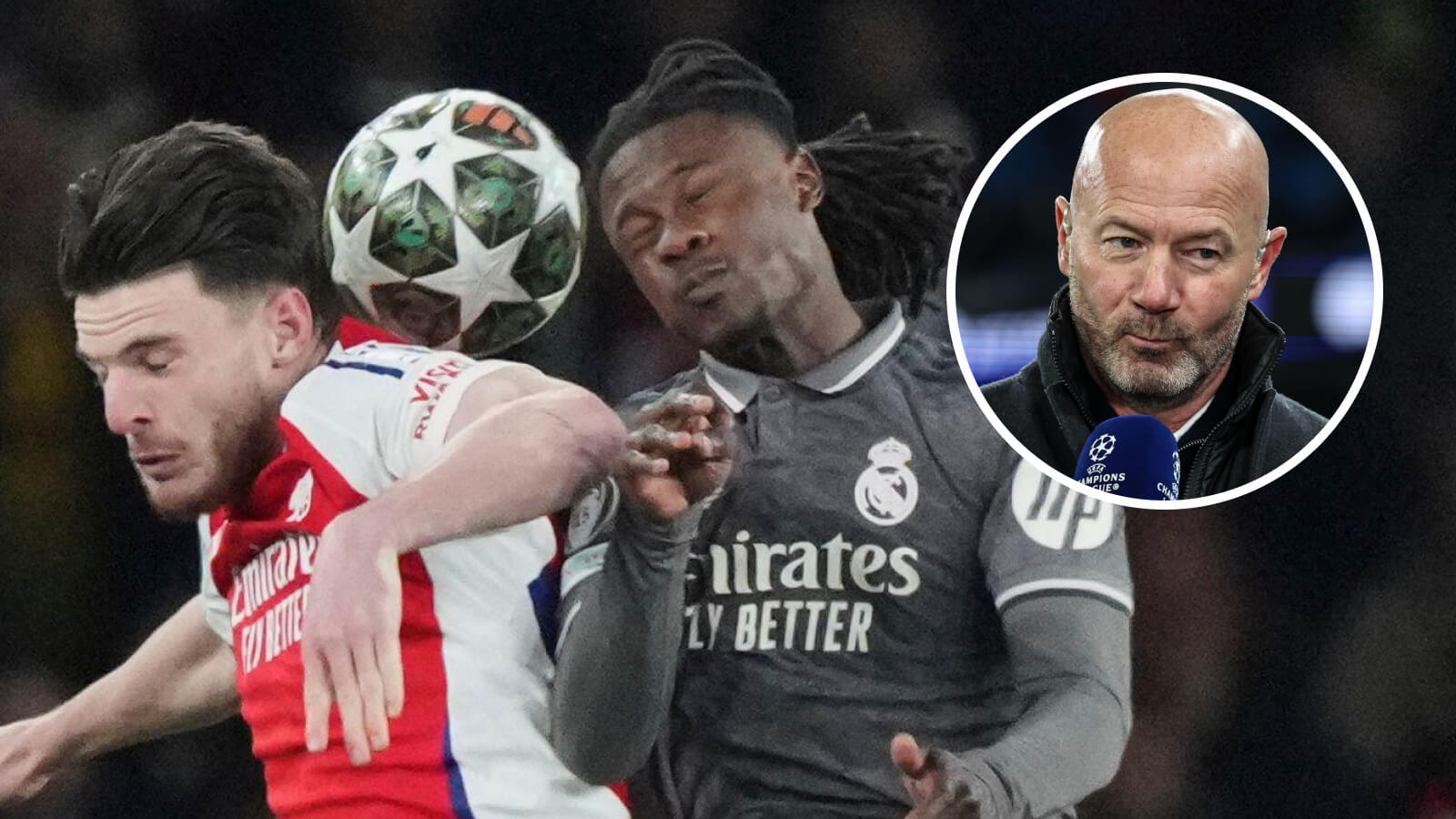 Declan Rice, Eduardo Camavinga battle for the ball and, inset, Alan Shearer