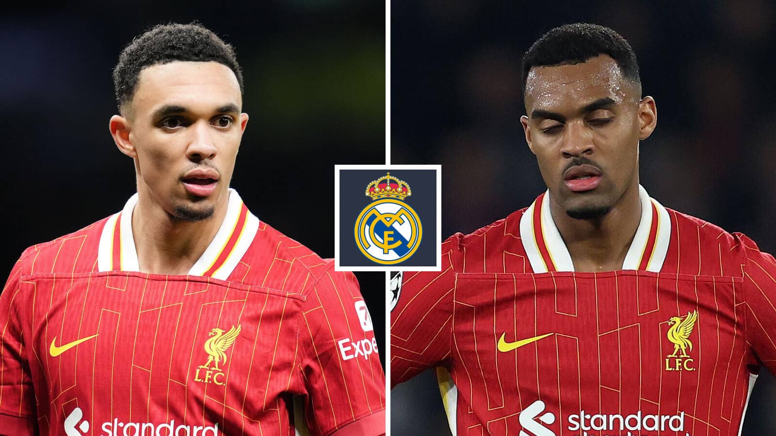 Liverpool duo Trent Alexander-Arnold and Ryan Gravenberch with a Liverpool badge
